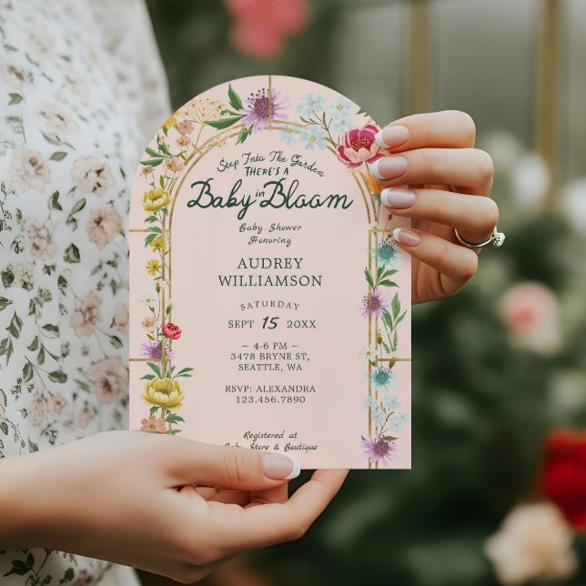 Baby i Bloom Blommigt Garden Greenhouse Baby Showe Inbjudningar (Baby in Bloom Floral Garden Greenhouse Baby Shower Pink Invitation )