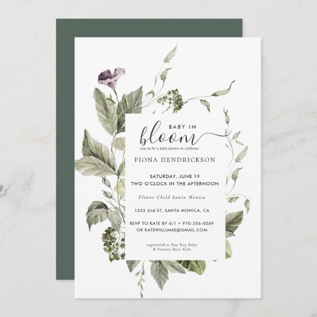 Baby i Bloom | Blommigt Greenery Baby Shower (Fram/baksida)
