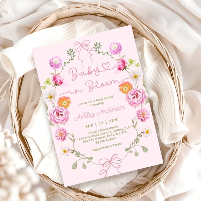 Baby i Bloom Blommigt Rosa Bow Baby Shower Inbjudningar (Skapare uppladdad)