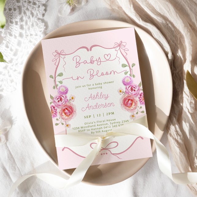Baby i Bloom Blommigt Rosa Bow Baby Shower Inbjudningar (Skapare uppladdad)
