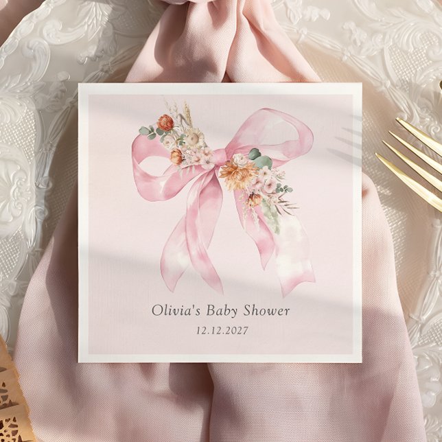 Baby i Bloom Blommigt Rosa Bow Baby Shower Pappersservett (Skapare uppladdad)