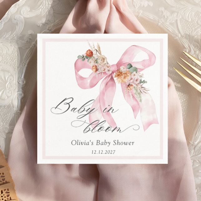 Baby i Bloom Blommigt Rosa Bow Baby Shower Pappersservett (Skapare uppladdad)