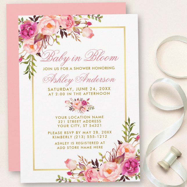 Baby i Bloom Blommigt Rosa  Guld Shower Inbjudningar (Customize to change text color, text style or color of back of card.)