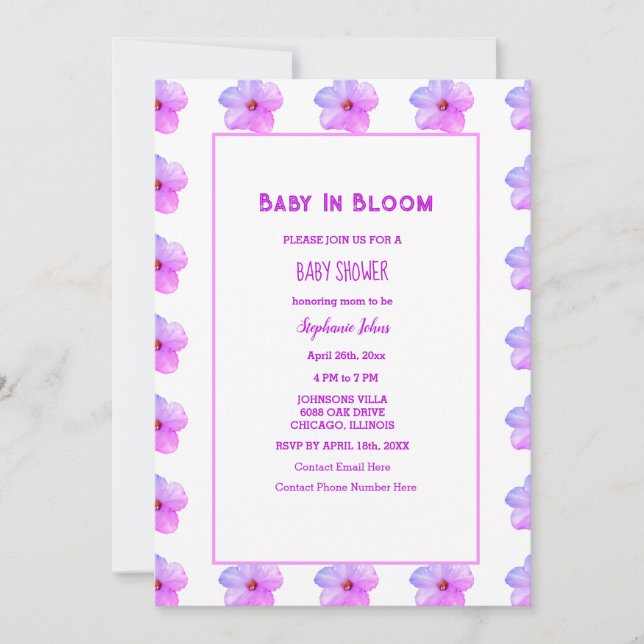 Baby i Bloom Blommigt Rosa Lila Baby Shower Girl Inbjudningar (Framsida)