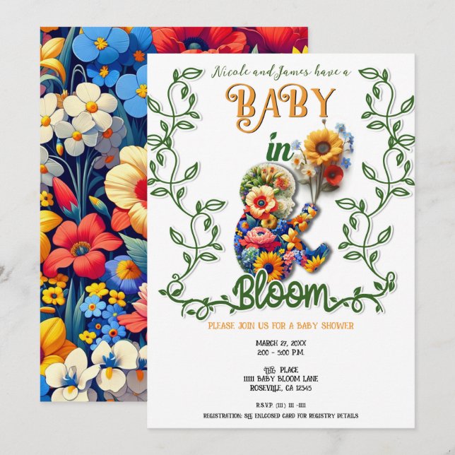 Baby i Bloom Blommigt Vine Löv Baby Shower Inbjudningar (Fram/baksida)