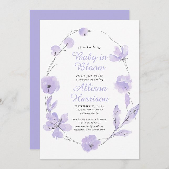 Baby i Bloom Blommigt Watercolor Lavender Shower i Inbjudningar (Fram/baksida)