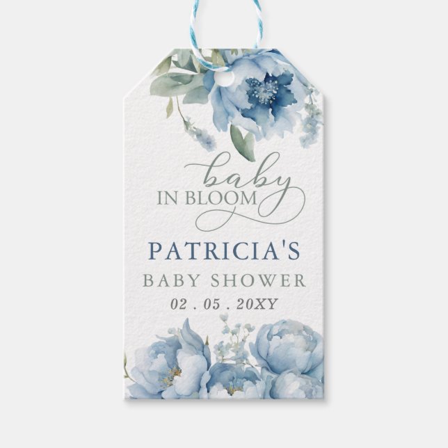Baby i Bloom Blue Blommigt Boy Shower Presentetikett (Framsidan)