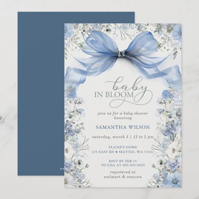 Baby i Bloom Blue Bow Blommigt Boy Shower Inbjudningar (Fram/baksida)