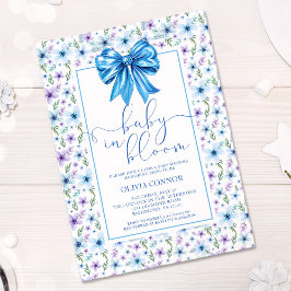 Baby i Bloom Blue Bow Boy Shower Blommigt Inbjudningar