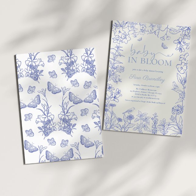 Baby i Bloom Blue Garden Chinoiserie Baby dusch Inbjudningar (Baby In Bloom Cobalt Blue Whimsical Chinoiserie Floral Baby Shower Invitation
)