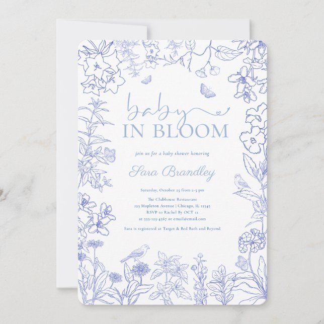 Baby i Bloom Blue Garden Chinoiserie Baby dusch Inbjudningar (Framsida)