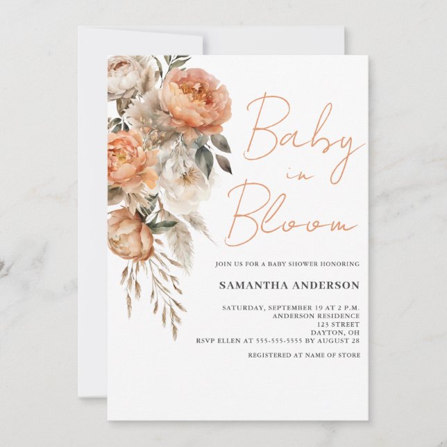 Baby i Bloom Boho Blommigt Baby Shower-inbjudan Inbjudningar (Framsida)