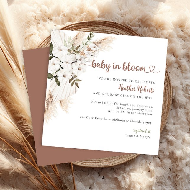 Baby i Bloom Boho Chic Blommigt Baby Shower Inbjud Inbjudningar (Neutral Colored Baby Shower Invitation)