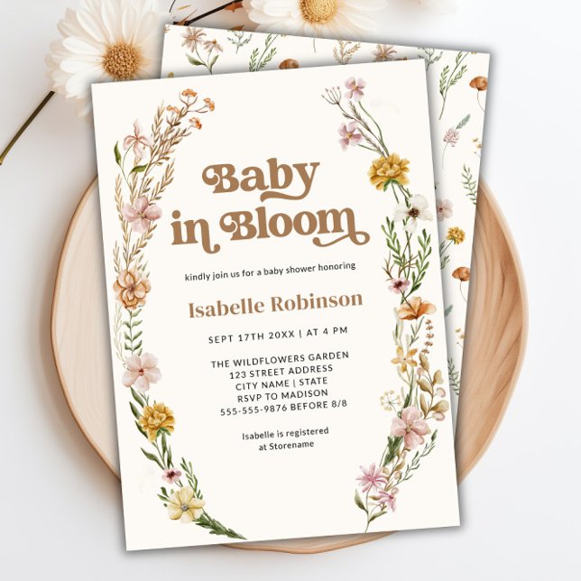 Baby i Bloom Boho Chic Blommigt Cream Baby Shower Inbjudningar (Baby in Bloom Boho Chic Floral Cream Baby Shower Invitation)