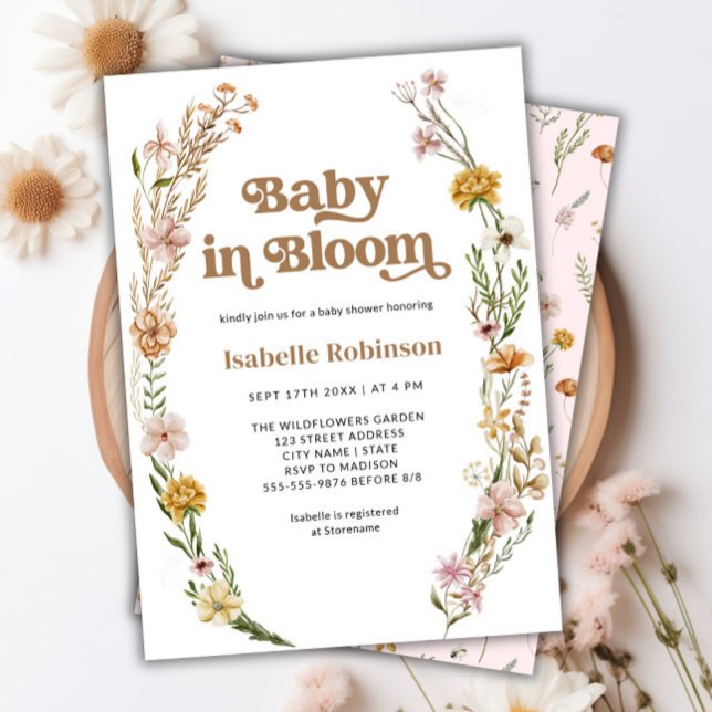 Baby i Bloom Boho Chic Blommigt Rosa Baby Shower Inbjudningar (Baby in Bloom Boho Chic Floral Pink Baby Shower Invitation)