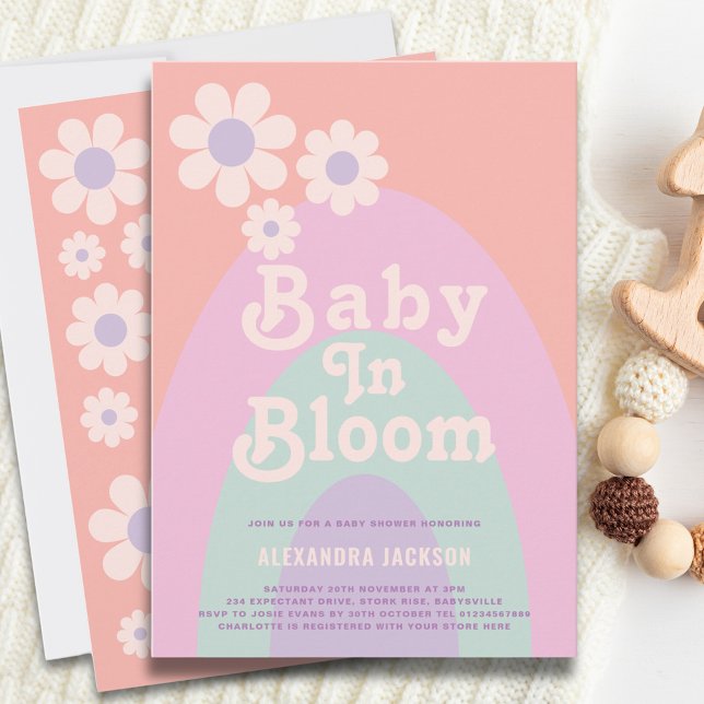 Baby i Bloom Boho Daisy Rainbow Shower Baby Shower Inbjudningar (Baby in bloom boho rainbow girl baby shower invitation)