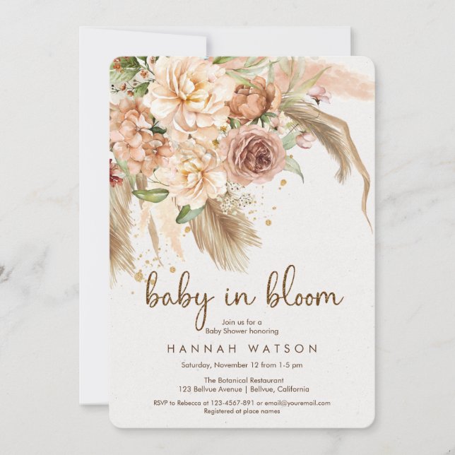 Baby i bloom boho pampas-buskdusch inbjudningar (Framsida)