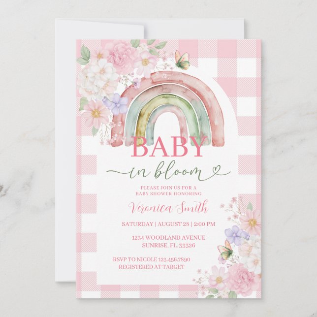 Baby i Bloom Boho Regnbåge Rosa Babyfirande Inbjudningar (Framsida)
