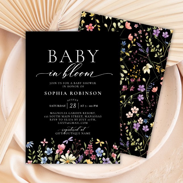 Baby i Bloom Boho Wildblomme Black Baby Shower Inbjudningar (Skapare uppladdad)