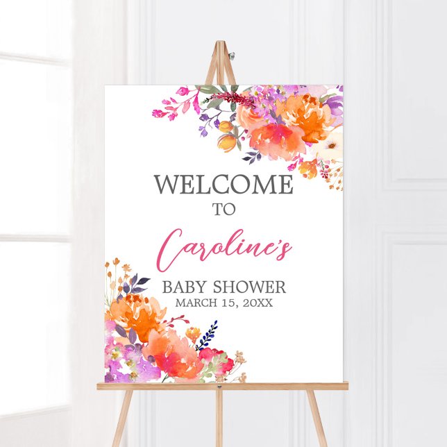 Baby i Bloom Bright Blommigt Baby Shower Välkommen Poster (Baby in Bloom Baby Shower Welcome Sign)