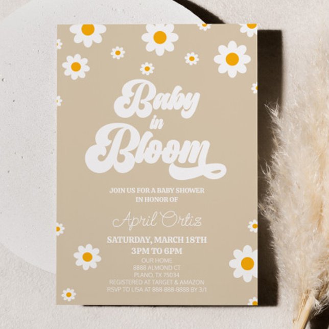 Baby i Bloom Brown Retro Daisy Blommor Baby Shower Inbjudningar (Skapare uppladdad)