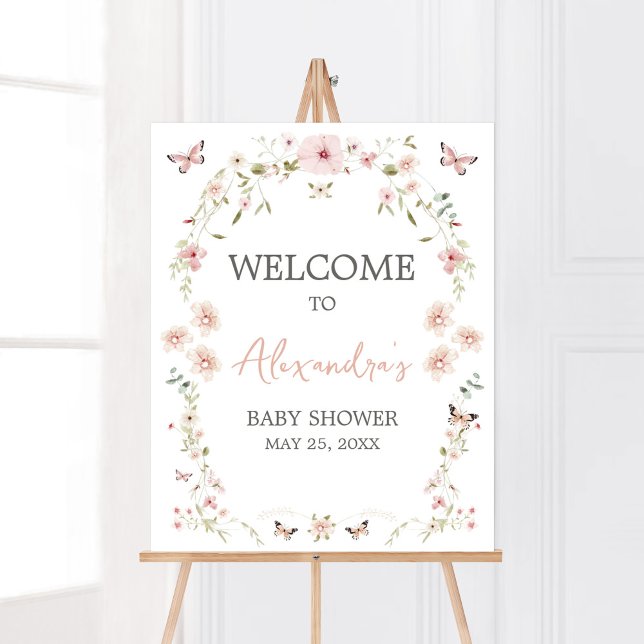 Baby i Bloom Butterfly Baby Shower Välkommen Poster (Spring Butterflies Baby Shower Welcome Sign)