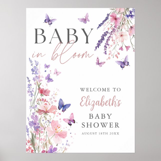 Baby i Bloom Butterfly Baby Shower Välkomstskylt Poster (Framsidan)