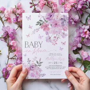 Baby i Bloom Butterfly Blommigt Lila Baby Shower Inbjudningar