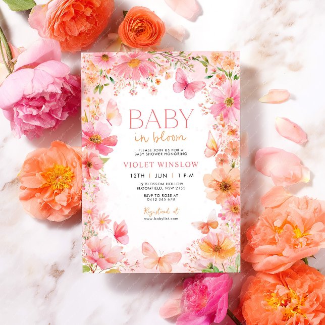 Baby i Bloom Butterfly Wildblomme Baby Shower Inbjudningar (Bright Baby in Bloom Baby Shower invitation with flowers and butterflies)