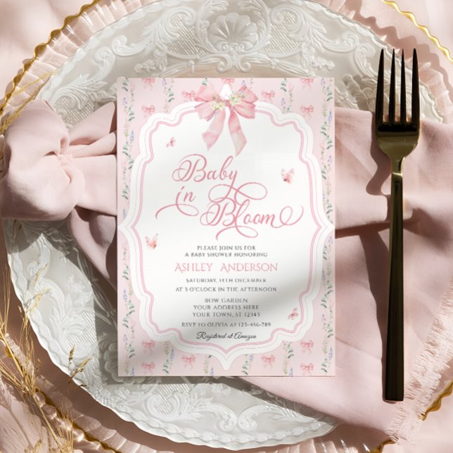 Baby i Bloom Coquette Rosa Bow Baby Shower Inbjudningar (Skapare uppladdad)