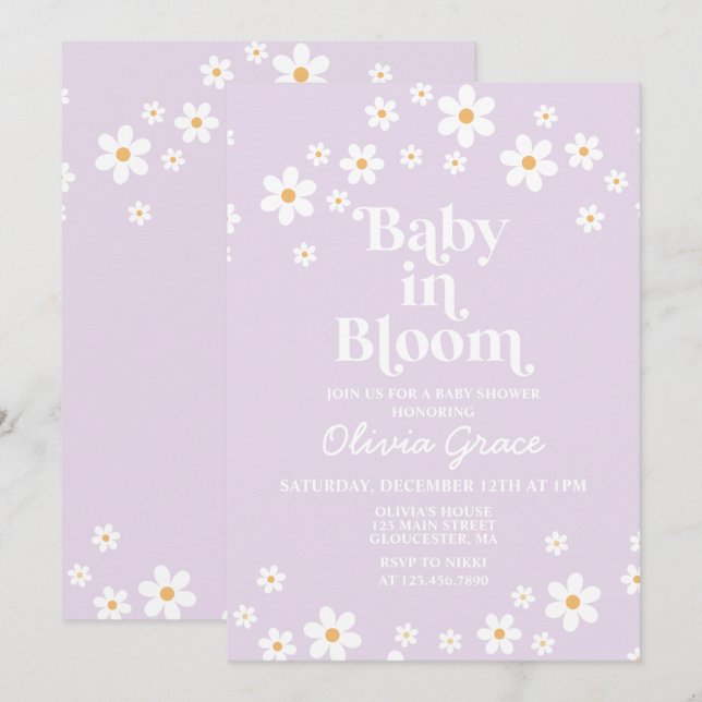 Baby i Bloom Daisy Lavender Retro Baby Shower Inbjudningar (Fram/baksida)