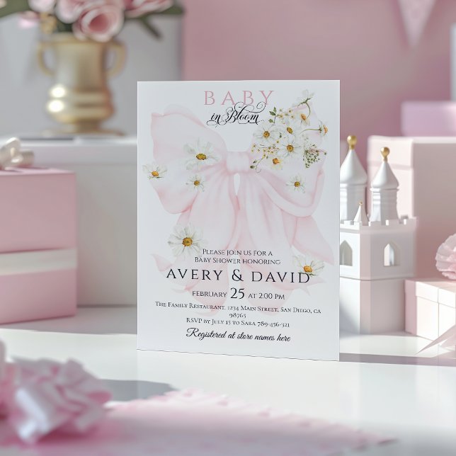 Baby i Bloom Daisy Rosa Bow Girl Baby Shower Inbjudningar (Skapare uppladdad)