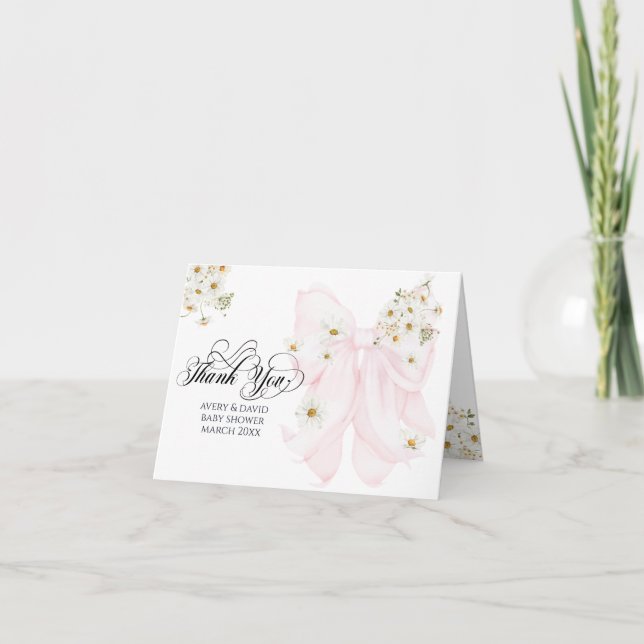 Baby i Bloom Daisy Rosa Bow Girl Baby Shower Tack Kort (Framsida)
