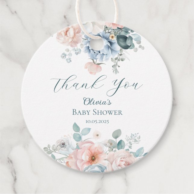 Baby i Bloom Dusty Blue Baby Shower Gåvor Etiketter (Framsida)
