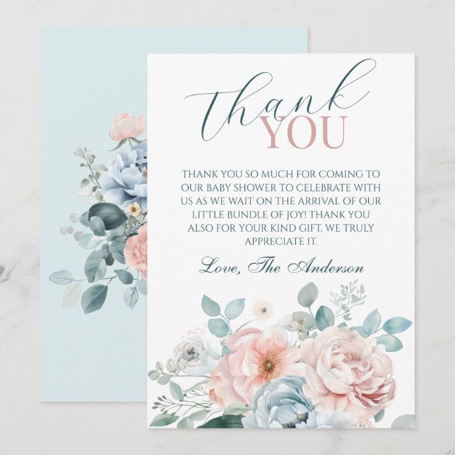 Baby i Bloom Dusty Blue Baby Shower Tack Kort (Fram/baksida)