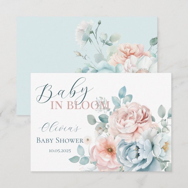 Baby i Bloom Dusty Blue Baby Shower Tack Kort (Fram/baksida)