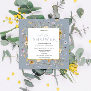 Baby i Bloom Dusty Blue Blommigt Baby Shower Inbjudningar