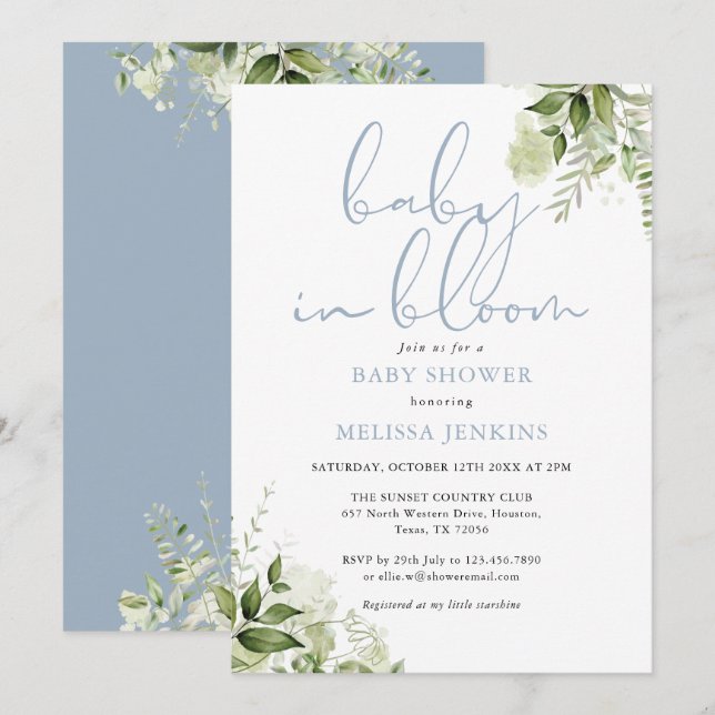Baby i Bloom Dusty Blue Greenery Baby Shower Inbjudningar (Fram/baksida)