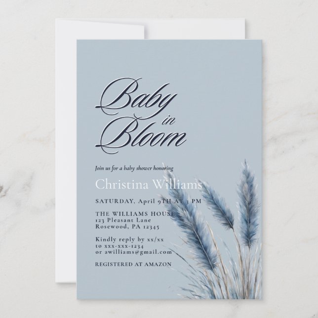 Baby i Bloom Dusty Blue Pampas Baby Shower Inbjudningar (Framsida)