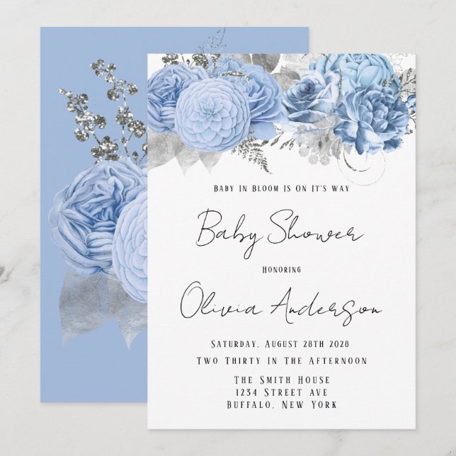 Baby i Bloom Dusty Blue Peony Baby Shower Inbjudningar (Fram/baksida)