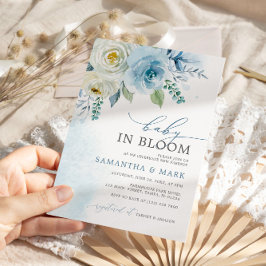 Baby i Bloom Dusty Blue Ro Blommigt Baby Shower Inbjudningar