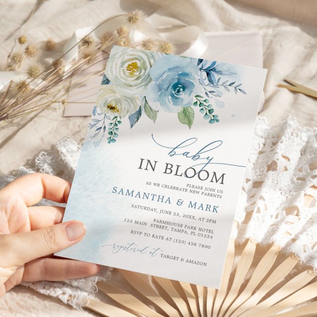 Baby i Bloom Dusty Blue Ro Blommigt Baby Shower Inbjudningar (Skapare uppladdad)