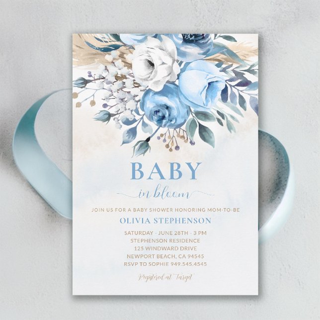 Baby i Bloom Dusty Blue Ro Elegant Baby Shower Inbjudningar (baby in bloom shower invitation dusty blue roses watercolor garden backyard rustic spring summer)