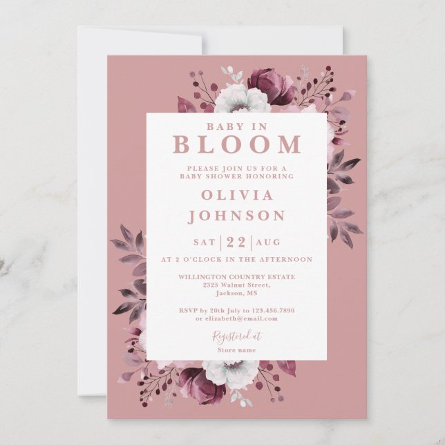 Baby i Bloom Dusty Ro Modern Blommigt Baby Shower Inbjudningar (Framsida)