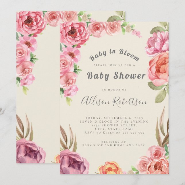 Baby i Bloom Dusty Rosa Blommigt Baby Shower Inbjudningar (Fram/baksida)