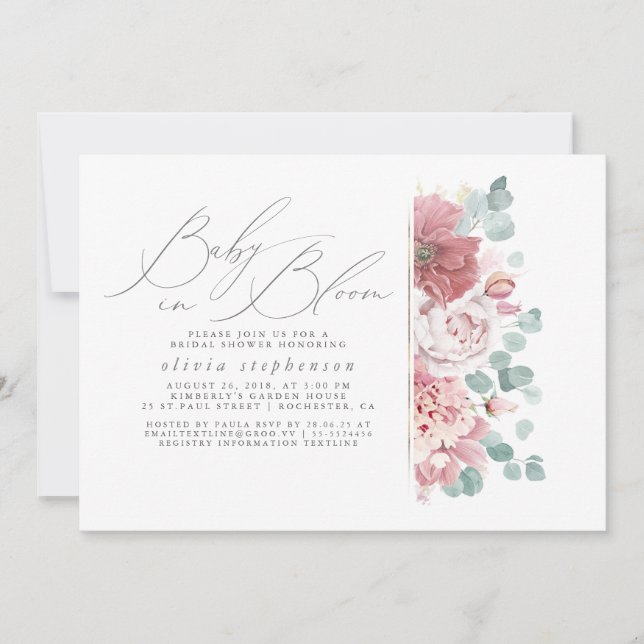 Baby i Bloom Dusty Rosa Flowers Baby Shower Inbjudningar (Framsida)