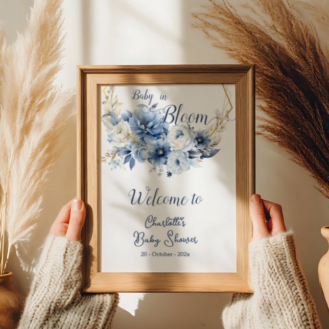 Baby i Bloom Elegant Blåa blommor Välkommen Poster (Skapare uppladdad)