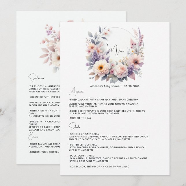 Baby i Bloom Elegant Blommig Barnkalas Meny (Fram/baksida)