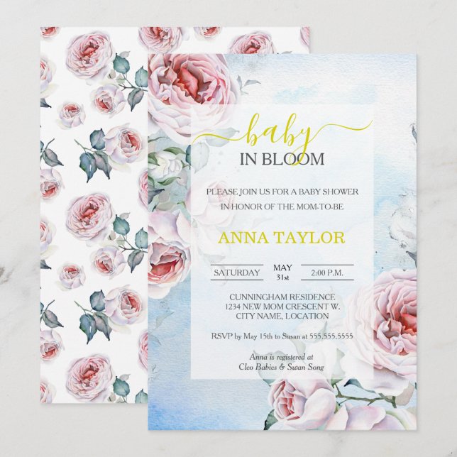 Baby i Bloom Elegant Blommigt Blue Baby Shower Inbjudningar (Fram/baksida)