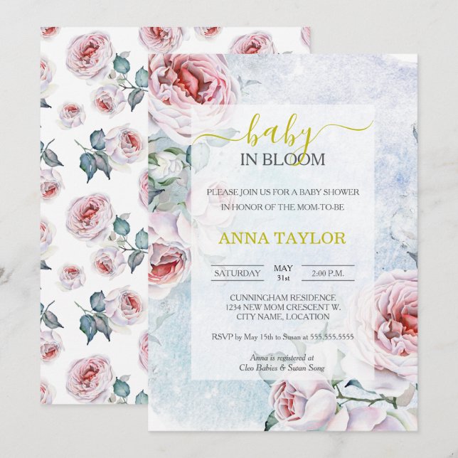 Baby i Bloom Elegant Blommigt Blue Baby Shower Inbjudningar (Fram/baksida)